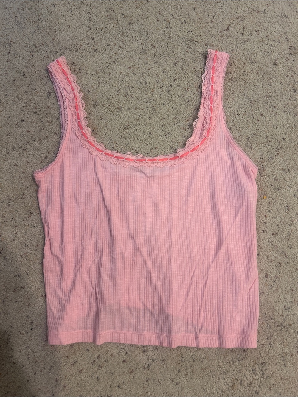 Aerie Pink Lace-Trim Ribbed Tank Top